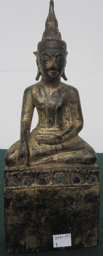 Appraisal: BUDDHA FIGURE Carved and gilt wood with glass inlays H