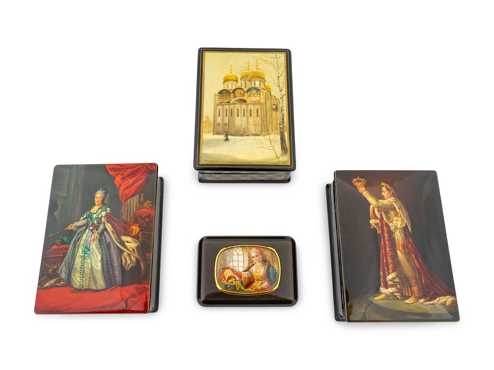 Appraisal: Four Russian Lacquered Boxes Height of largest x width x