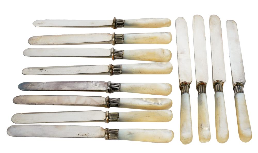 Appraisal: SET OF ENGLISH SILVER-PLATE MOTHER OF PEARL KNIVESHarrison Brothers and