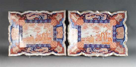 Appraisal: Pair of Japanese Imari porcelain square scallop-rimmed dishes th century