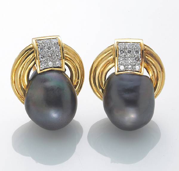 Appraisal: A pair of black baroque South Sea cultured pearl diamond