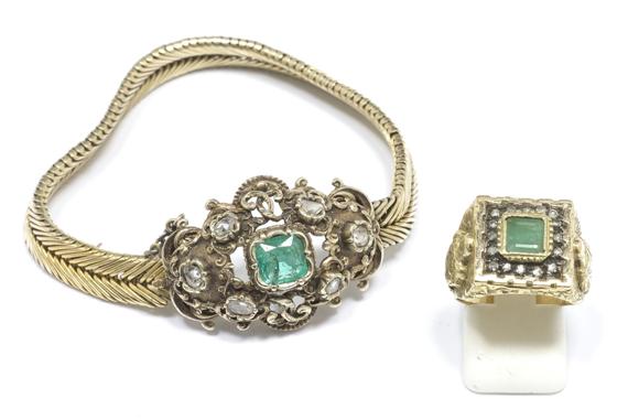 Appraisal: A GOLD EMERALD AND DIAMOND BRACELET and RING th c