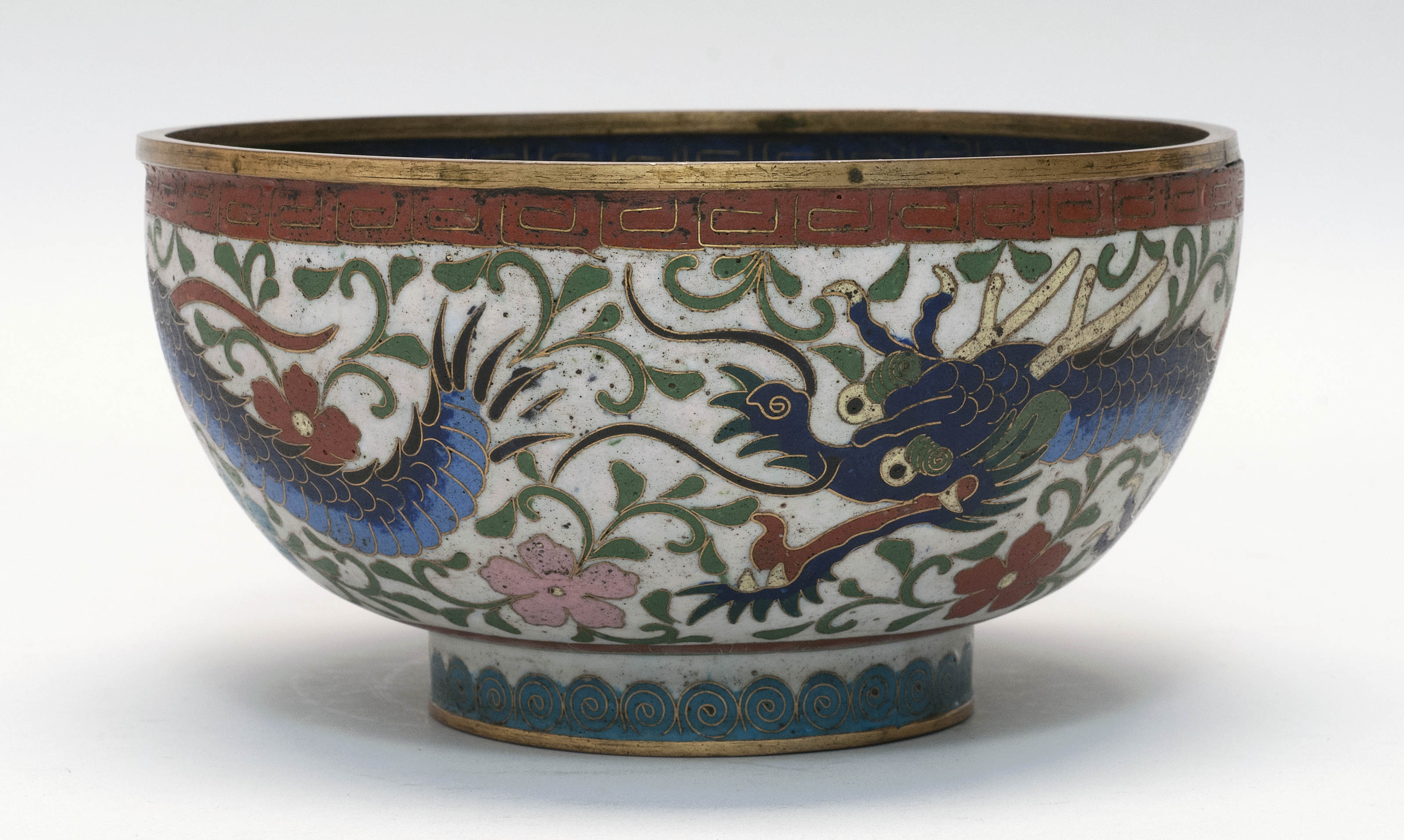 Appraisal: CLOISONN ENAMEL BOWL Meiji PeriodExterior with blue three-claw dragon and