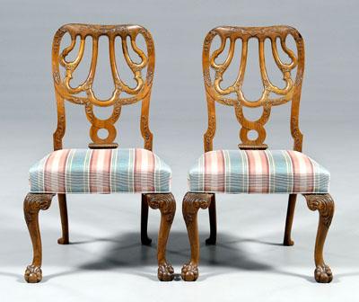 Appraisal: Pair George II style side chairs carved walnut with striped