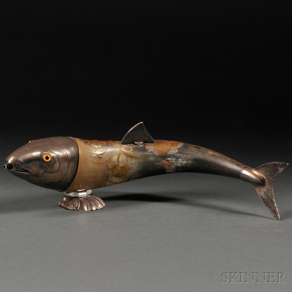 Appraisal: Fish Vessel with Japanese Lacquer-inlaid Horn and Victorian Sterling Silver