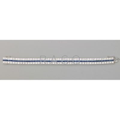 Appraisal: DIAMOND AND SAPPHIRE PLATINUM LINE BRACELET Two rows of transitional