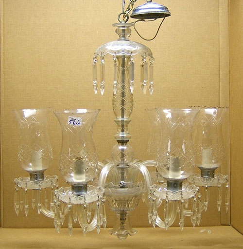 Appraisal: Etched glass -arm chandelier th c with prisms h w