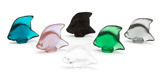 Appraisal: A Group of Six Lalique Colored Glass Fish Height inches