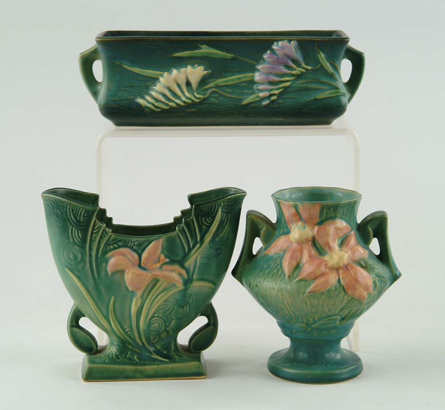 Appraisal: THREE PIECES OF ROSEVILLE POTTERY Clematis two handled vase with