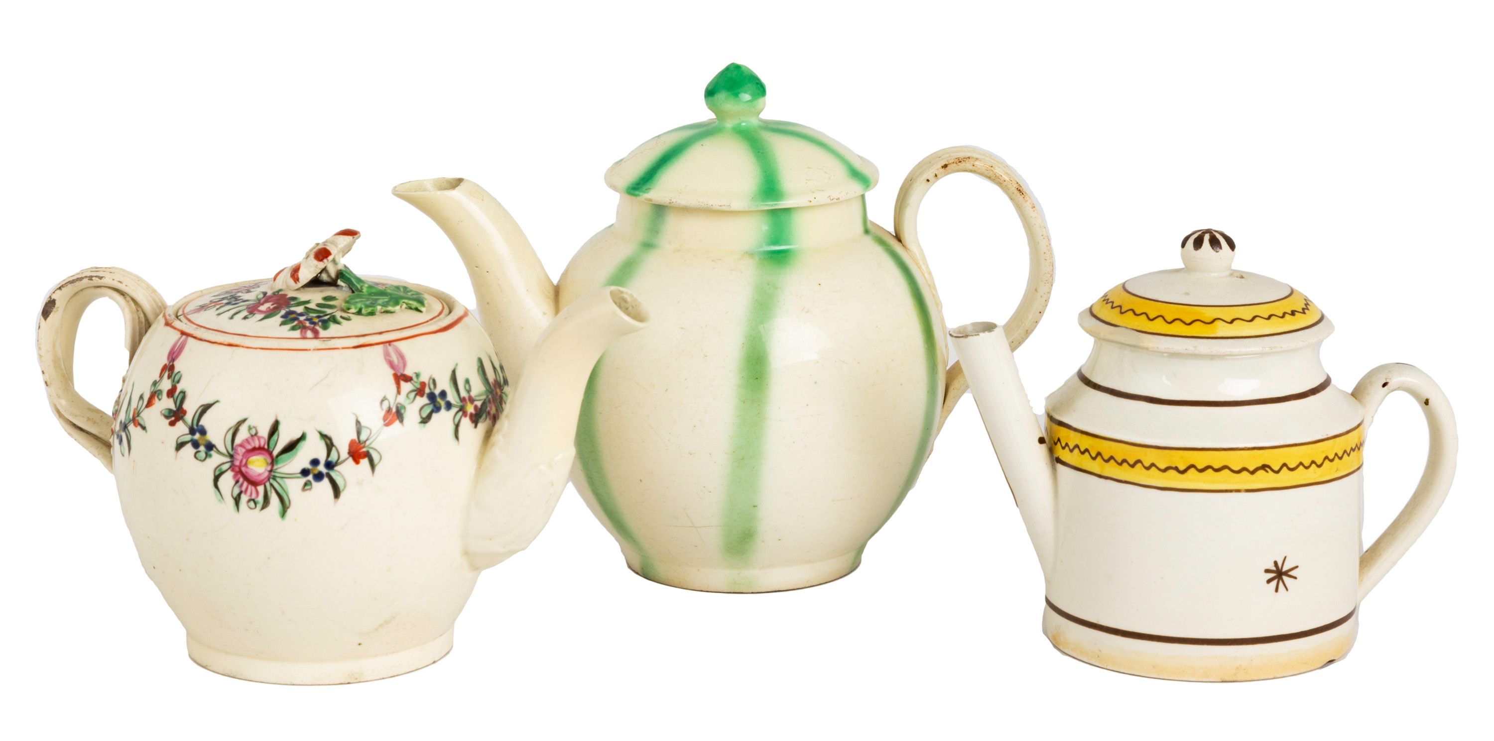 Appraisal: THREE EARLY CREAMWARE DIMINUTIVE TEAPOTS circa