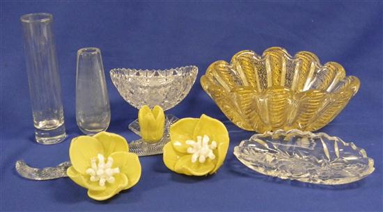 Appraisal: Two yellow glass flowers on colorless glass stems one candleholder