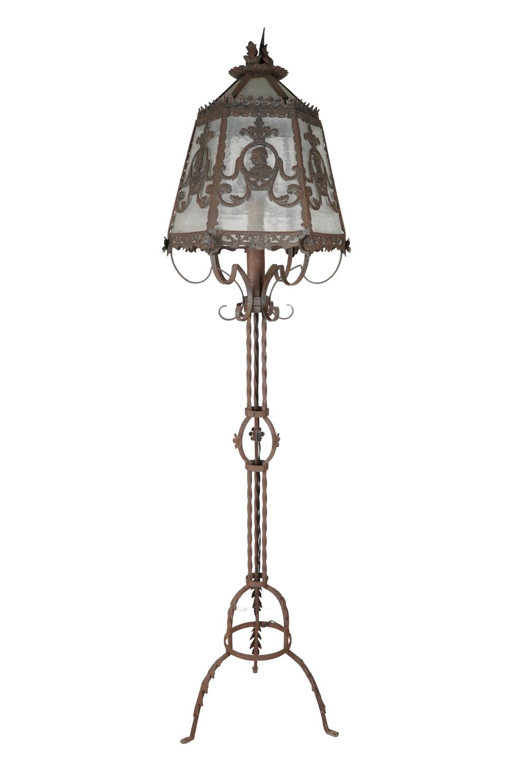 Appraisal: SPANISH REVIVAL STYLE IRON FLOOR LAMPwith tempered glass shade inches