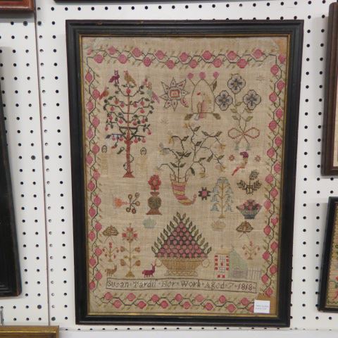 Appraisal: Sampler by Susan Tardif age pictorials include house Adam Eve