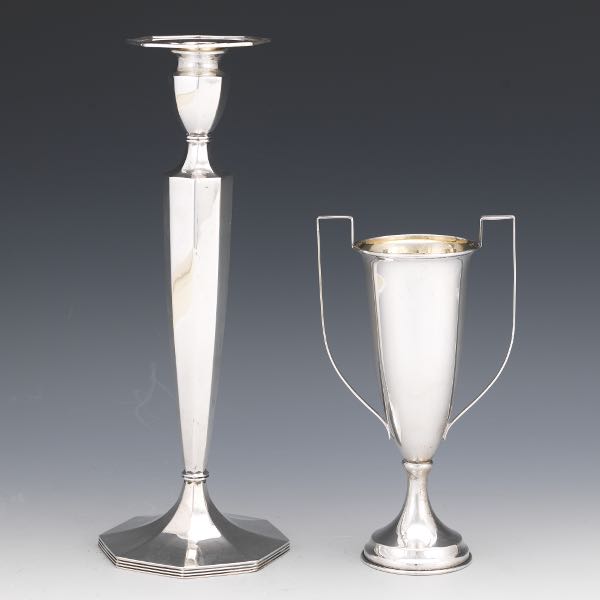 Appraisal: STERLING SILVER TROPHY VASE AND A CANDLESTICK and Sterling silver