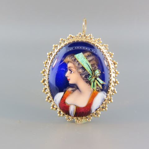 Appraisal: k Gold French Enamel Pin or Pendant maiden with rich