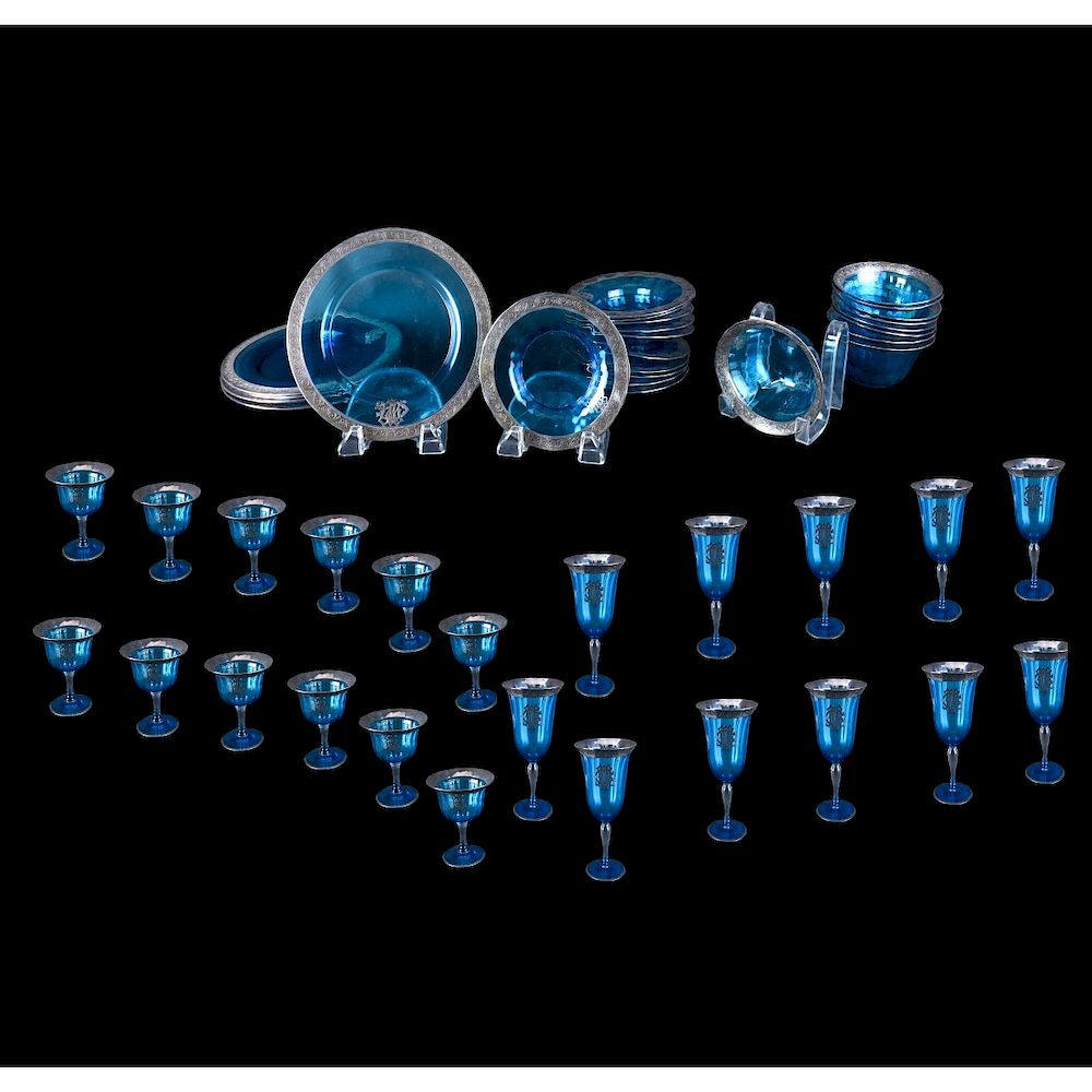 Appraisal: Silver Overlay Glass Dessert Set Forty Seven Pieces Vintage Blue