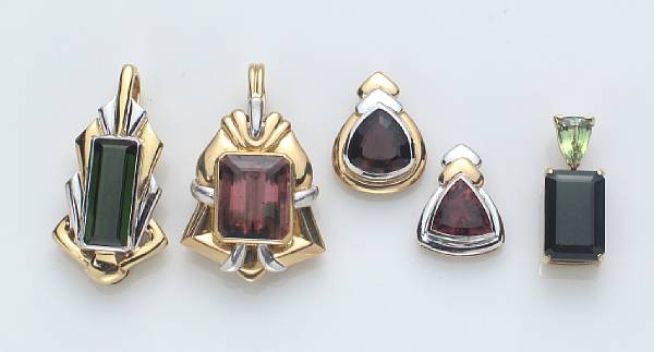 Appraisal: A collection of five gem-set k and k gold pendants