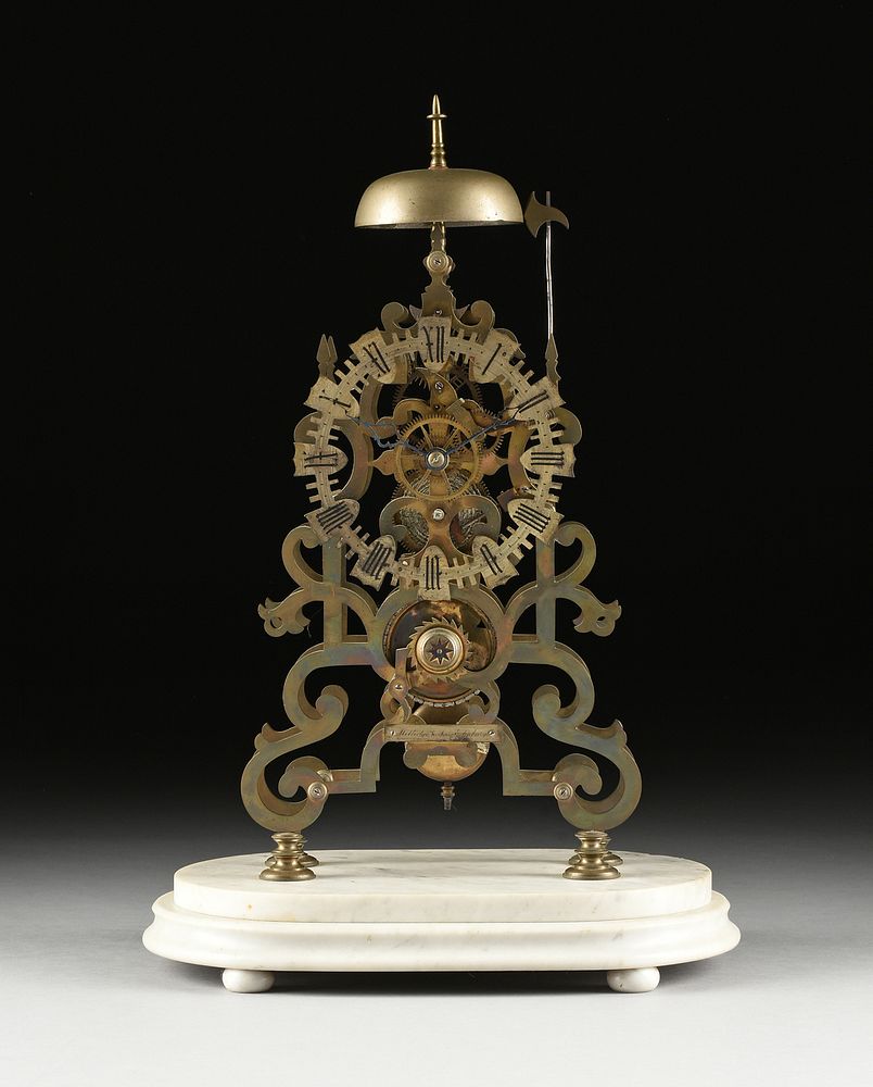 Appraisal: AN ANTIQUE BRASS FUSEE SKELETON CLOCK ON MARBLE BASE TH