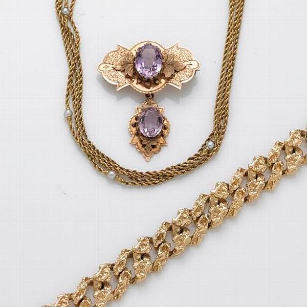 Appraisal: A collection of amethyst cultured pearl and k gold jewelry