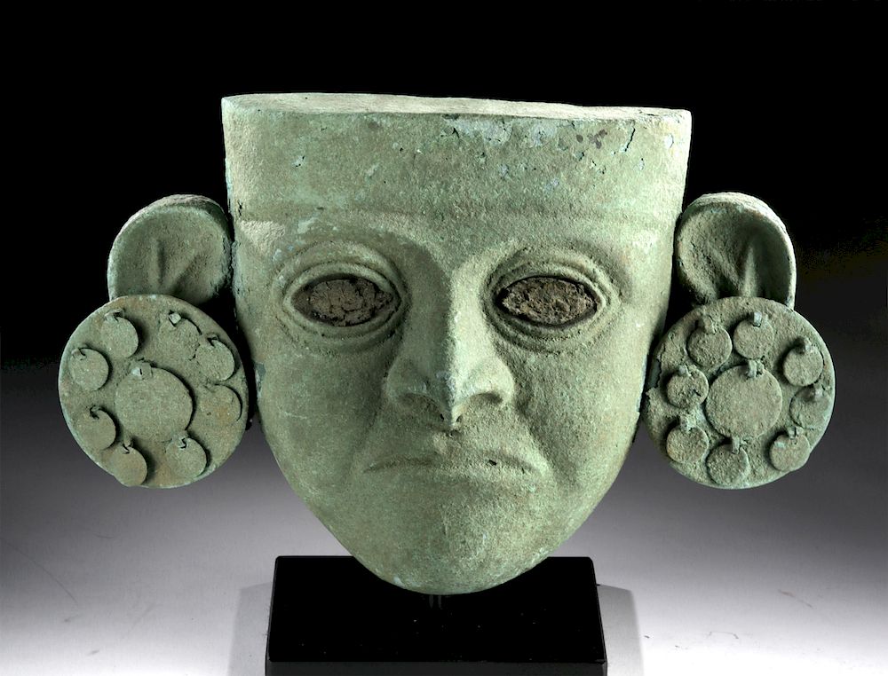 Appraisal: Fine Moche Copper Mask w Large Ear Spools w XRF