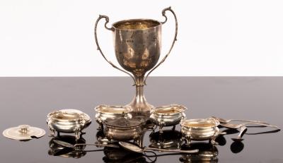 Appraisal: Four silver salts a silver mustard pot a silver prize