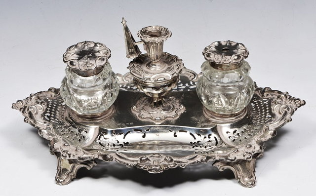 Appraisal: A VICTORIAN SILVER DESK STAND Sheffield with central candle sconce