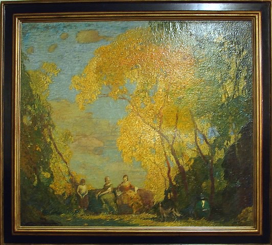 Appraisal: Allegorical landscape oil on canvas x SLL E Caser Craquelure