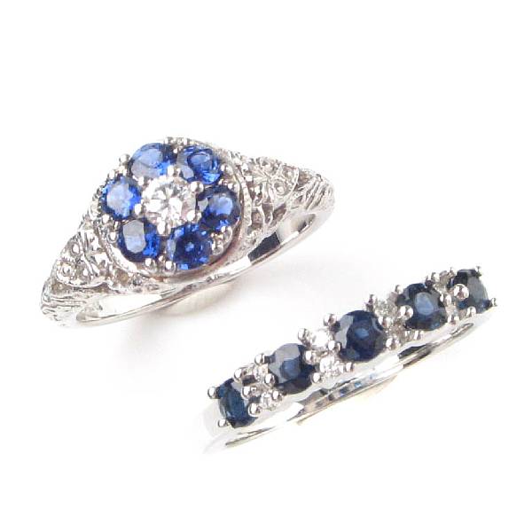 Appraisal: A collection of two diamond sapphire and white gold rings