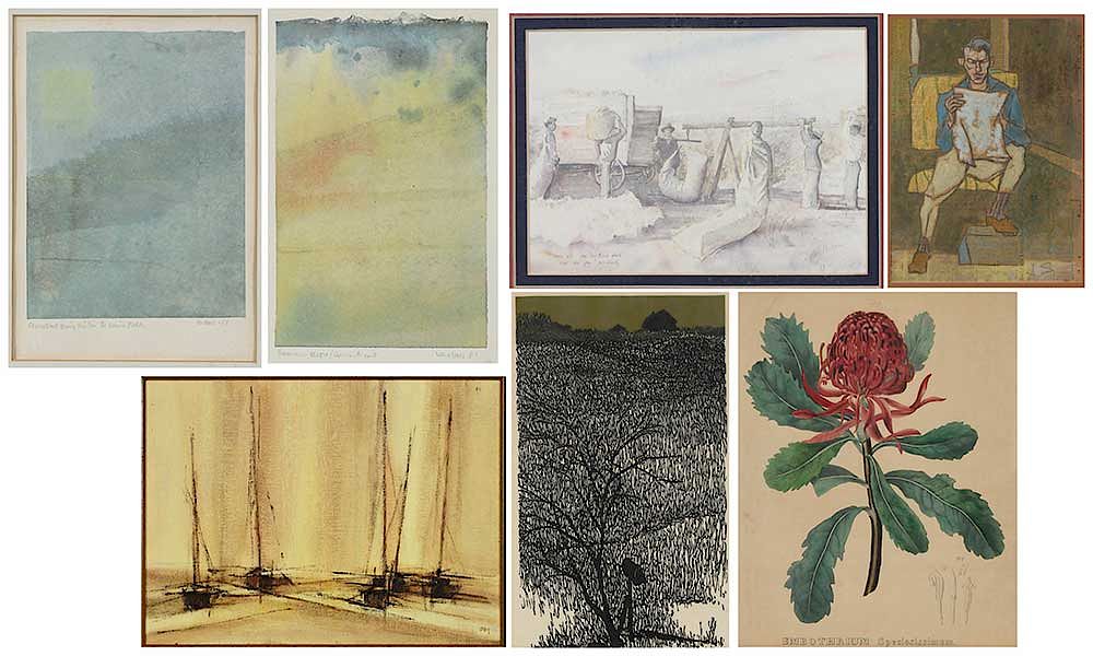 Appraisal: Seven Miscellaneous Framed Artworks one painting three mixed media works