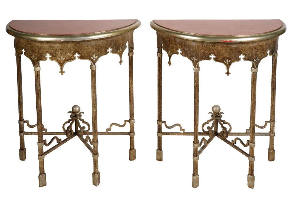 Appraisal: PAIR OF PAINTED WOOD METAL CONSOLE TABLEScontemporary unsigned with D-shaped