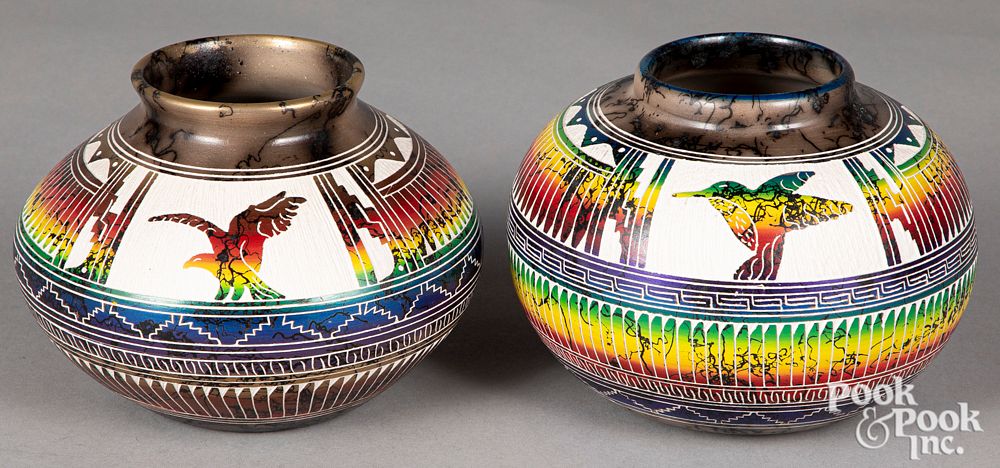 Appraisal: Hilda Whitegoat pair of Navajo Indian etched pots Hilda Whitegoat