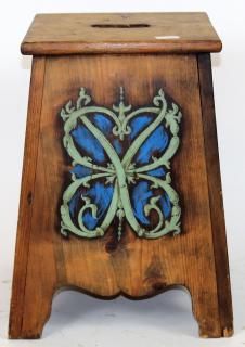 Appraisal: French painted pine stool with family crest French painted pine