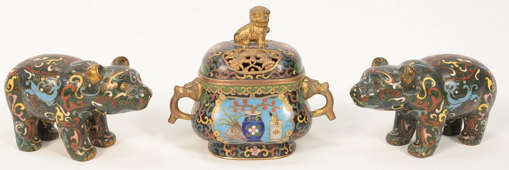 Appraisal: Three Piece Cloisonne Lot to include censer having reticulated cover