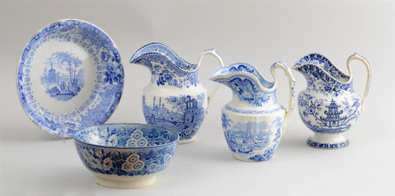 Appraisal: THREE STAFFORDSHIRE BLUE TRANSFER-PRINTED PITCHERS AND TWO FRUIT BOWLS Comprising