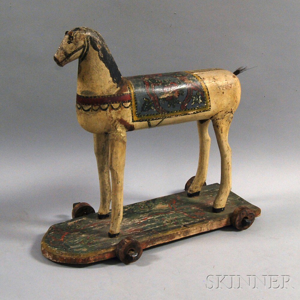 Appraisal: Polychrome Painted Wooden Horse Pull Toy the white horse painted