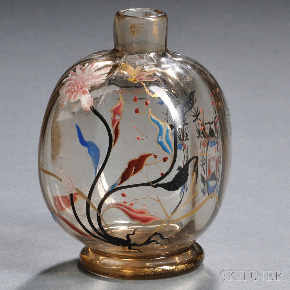 Appraisal: Gall Enameled Bottle Art glass France late th century Sepia-tinted