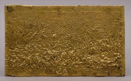 Appraisal: CONTINENTAL SCHOOL E TH C BATTLE SCENE Gilt-metal plaque relief