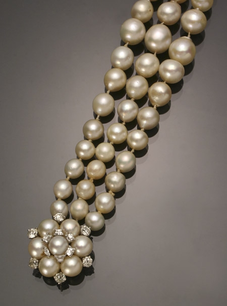 Appraisal: Semi-Baroque Cultured Pearl and Diamond Bracelet Knotted The triple strand