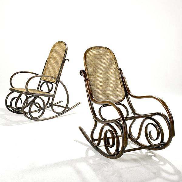 Appraisal: THONET STYLE Pair of bentwood rockers with cane seats and