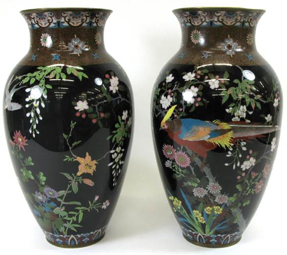 Appraisal: SUPERB PAIR JAPANESE CLOISONNE ENAMEL MEIJI PERIOD VASES The black