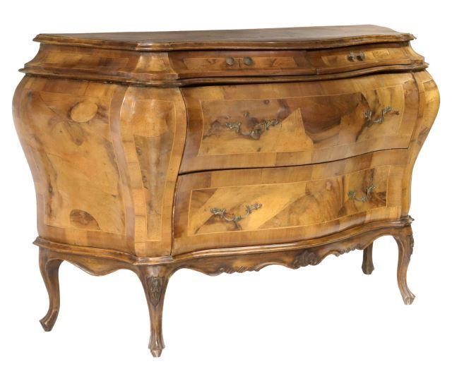 Appraisal: Venetian patchwork walnut bombe commode th c two short drawers