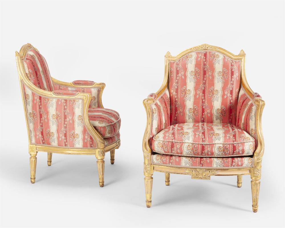 Appraisal: A pair of Louis XVI-style carved giltwood armchairs Mid-Century Each