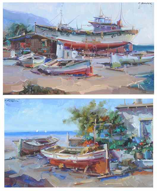 Appraisal: M Navarro th Century The boat yard and beached boats