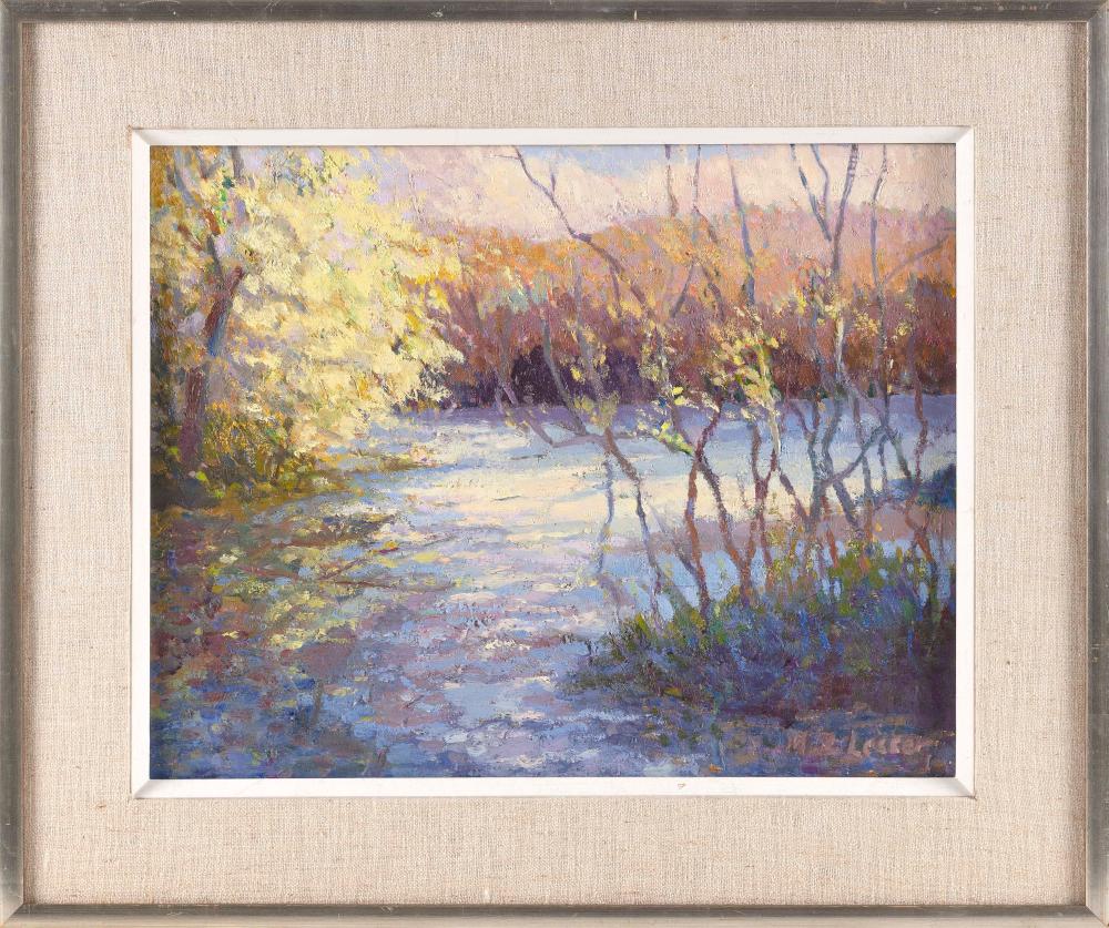 Appraisal: M ZENA LESSER MASSACHUSETTS CONTEMPORARY COLORFUL POND LANDSCAPE OIL ON