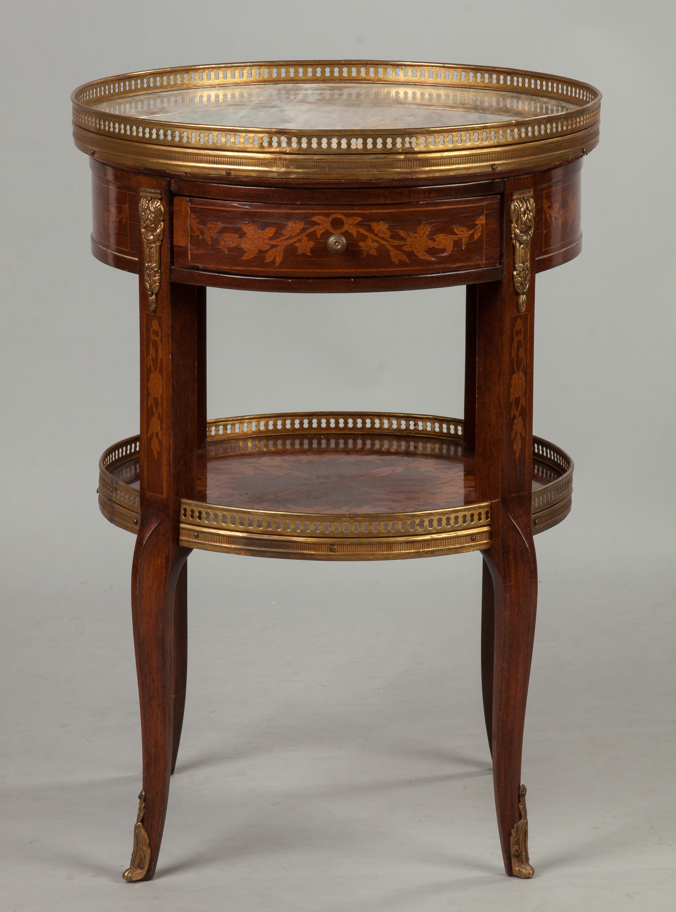 Appraisal: French Inlaid Marble Top Side Table C Brass gallery one