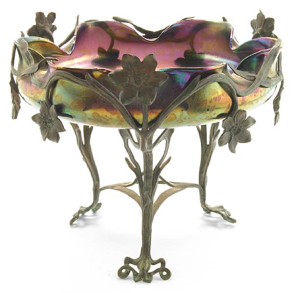 Appraisal: A Jugendstil metal-mounted Loetz iridescent glass center bowl circa height