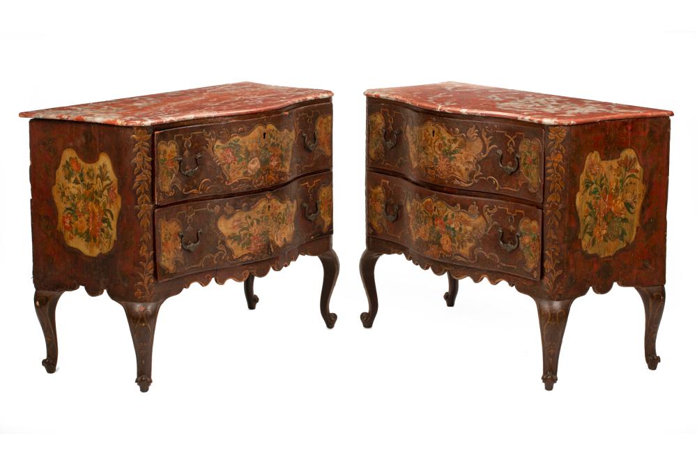 Appraisal: Pair of Venetian Polychrome-Painted Serpentine Commodes th c rouge marble