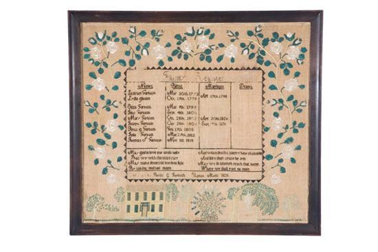 Appraisal: MASSACHUSETTS FAMILY REGISTER SAMPLER Persis Forbush Upton Worcester County silk