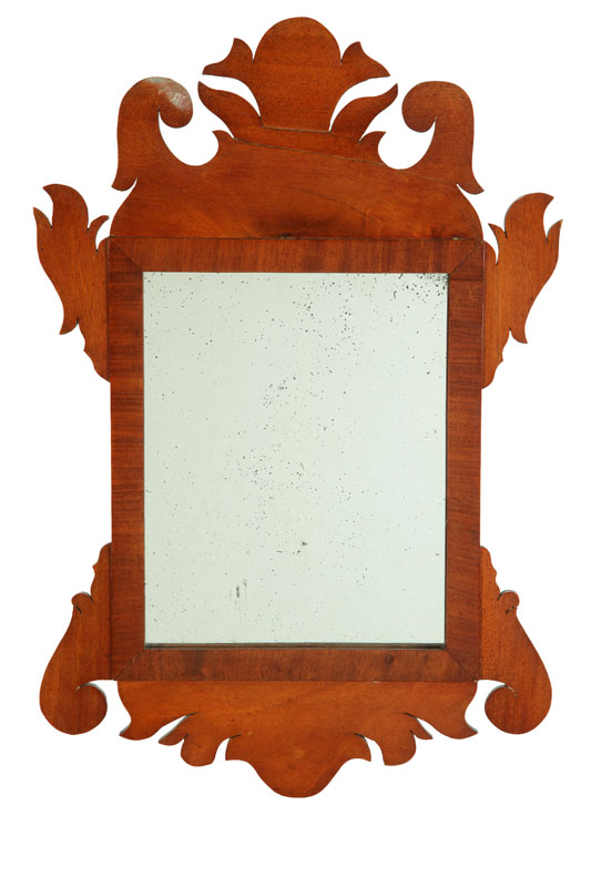 Appraisal: TWO SCROLL-CUT MIRRORS Probably American Early th century mahogany veneer