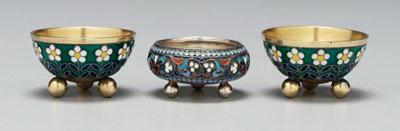 Appraisal: Three Russian silver salts all with ball feet floral cloisonn